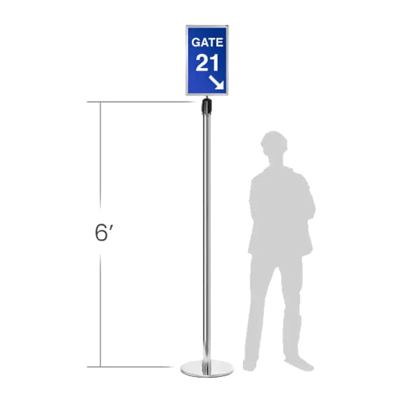 Tall chrome sign stand holding a gate number sign, drawn beside a six foot human silhouette for scale.