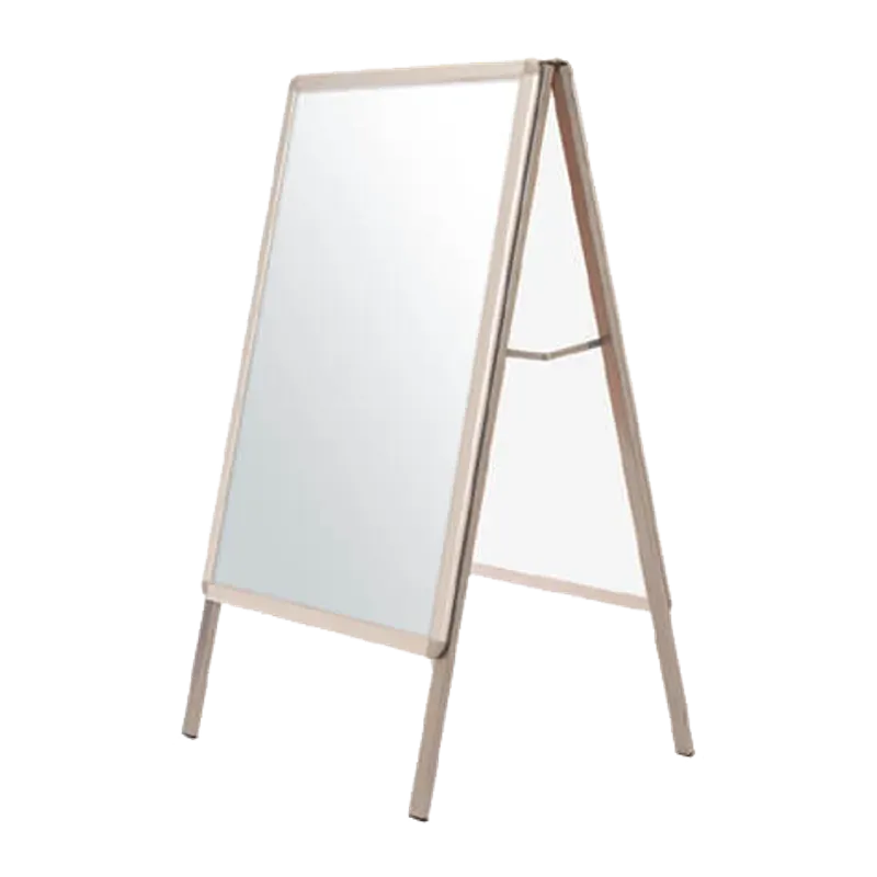 Timber framed A-board standing open, with a blank white writing panel.