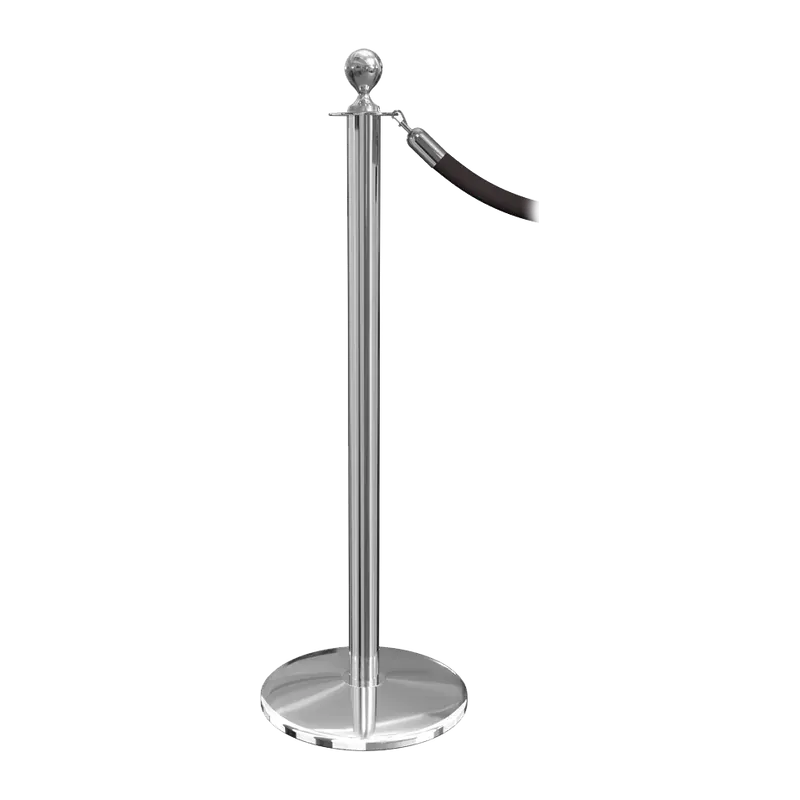 Polished steel rope stanchion with a ball finial and a black rope clipped to the loop below it.