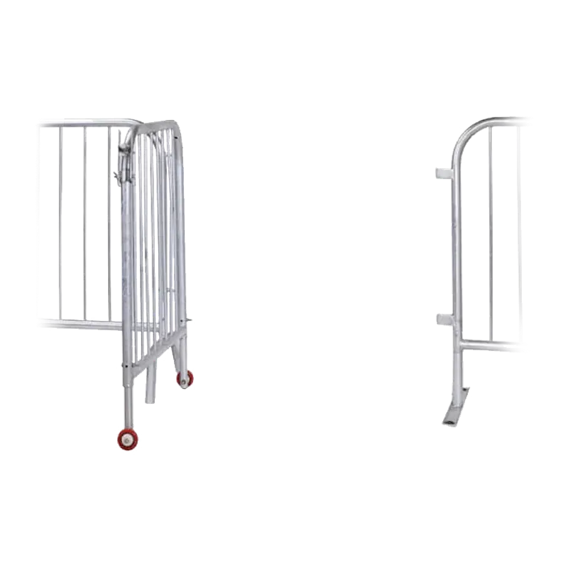 Steel barricade with a hinged gate leaf, shown open and closed, running on small castors.