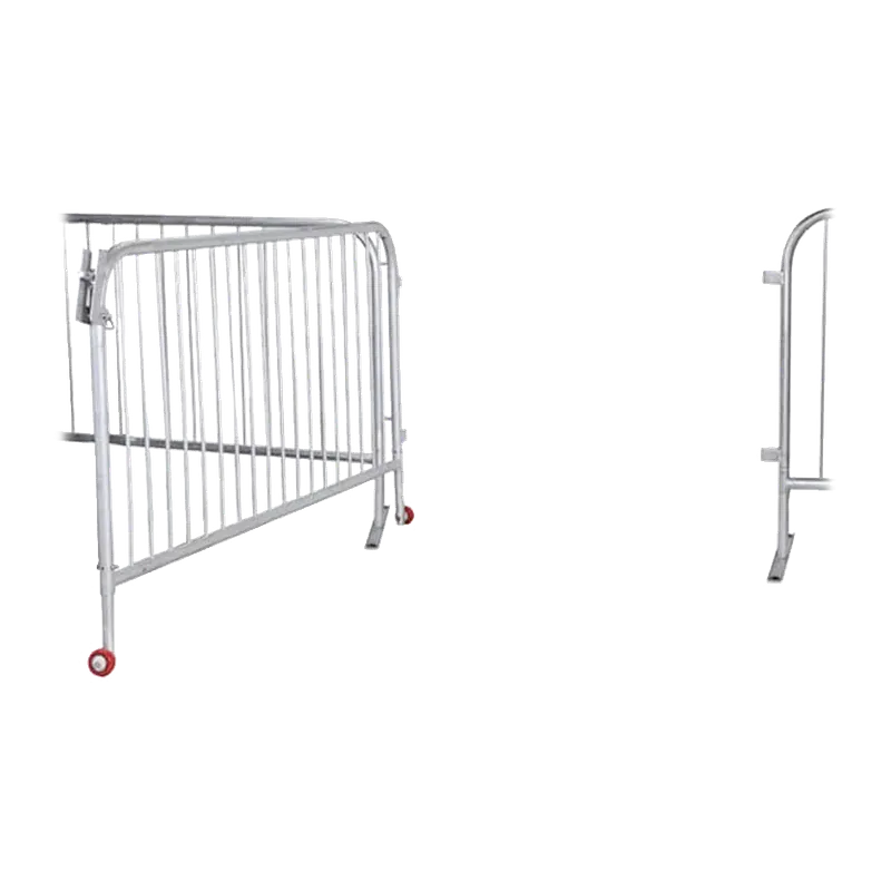 Wide steel barricade gate on castors, shown swung open and closed for a vehicle entrance.