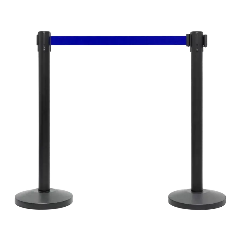 Pair of black belt posts on flat round bases with a bright blue belt pulled level from one head across to the other.