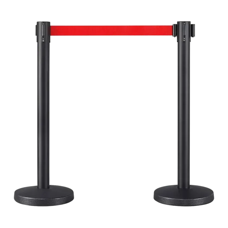 Pair of black belt posts on round bases with a textured finish, a red belt stretched straight between the two heads.