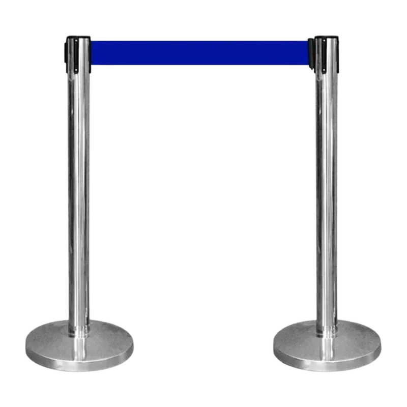 Pair of mirror finish steel belt posts on wide round bases, a blue belt running between black heads at the top.