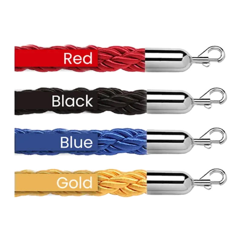 Four braided ropes labelled red, black, blue and gold, the weave visible along each, with chrome ends.