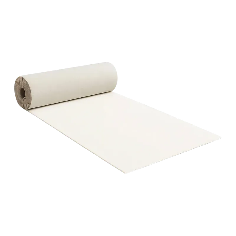 Ivory white carpet runner partly unrolled from the roll, the backing showing at the coil.
