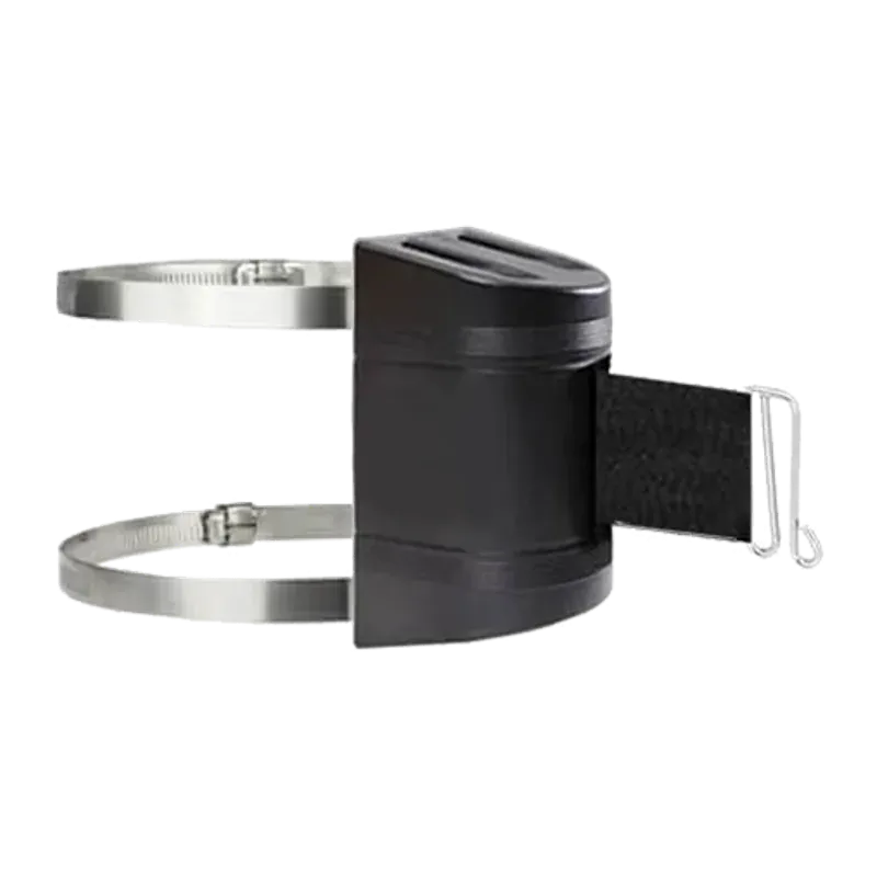 Belt cassette with two stainless steel band clamps for fixing it around a column or post.