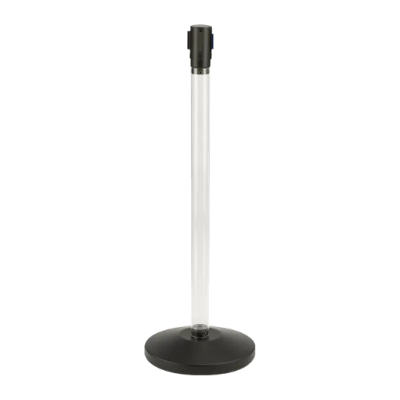 Clear acrylic stanchion with a hollow post that can be filled, fitted with a black retractable belt.