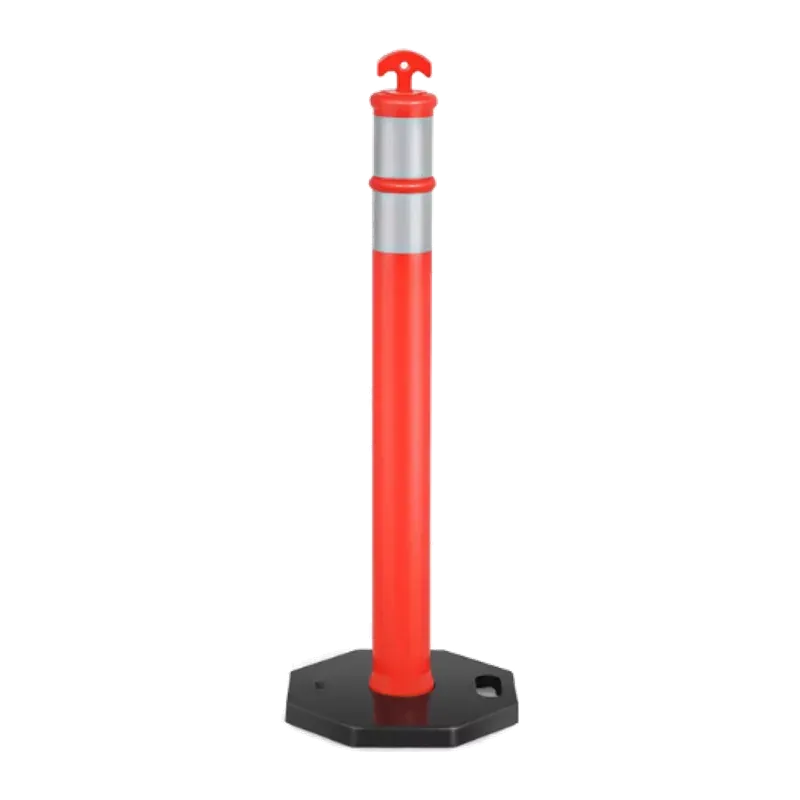 Orange construction post with reflective bands and a warning light on top, on a flat black base.