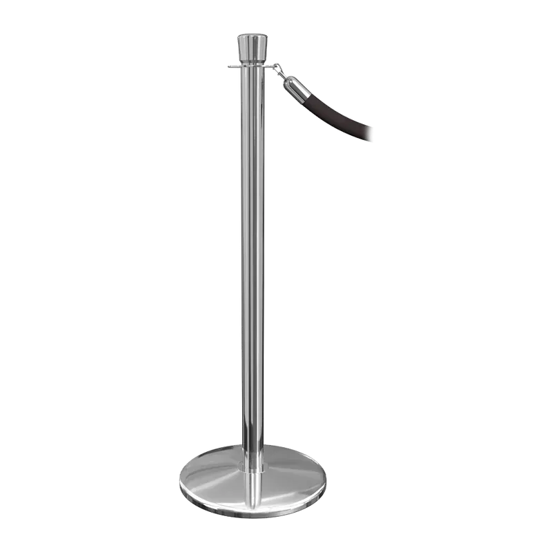 Polished steel rope stanchion with a crown finial, a black rope hooked to the post and a low cast base.