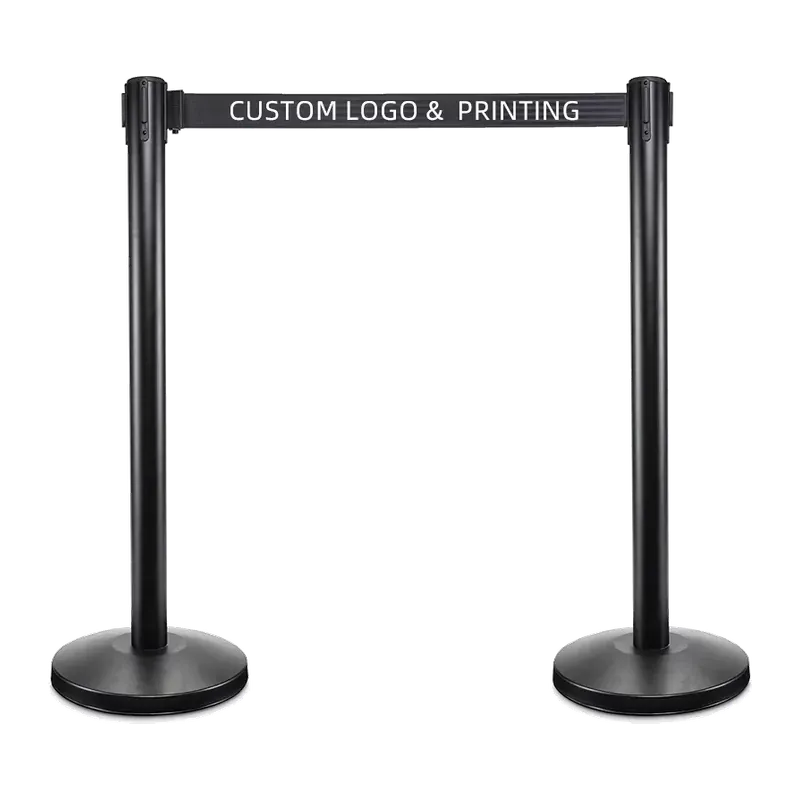Two black posts with a printed belt drawn between them, the belt carrying the words CUSTOM LOGO AND PRINTING as a placeholder for a client mark.