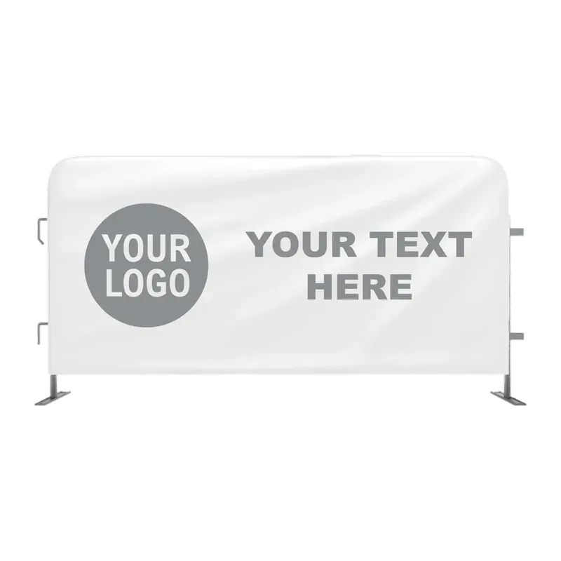 Steel barricade wearing a white printed scrim cover, the artwork shown as a placeholder logo and the words YOUR TEXT HERE.