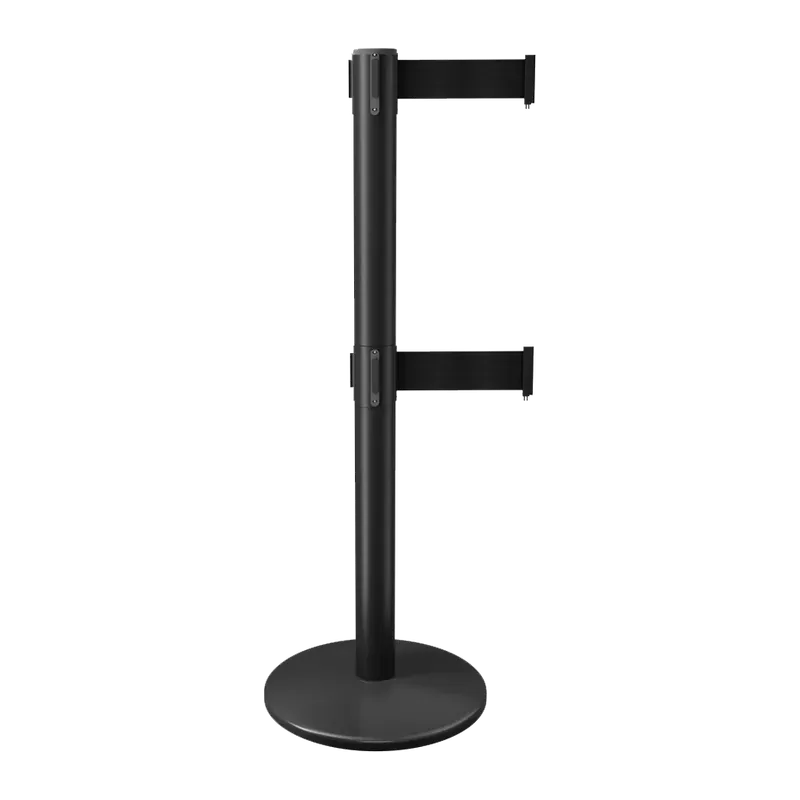 Belt stanchion carrying two retractable belts, one above the other, on a single black post.