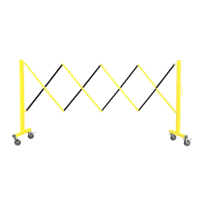 Yellow and black expanding scissor gate on castors, pulled out across an opening.