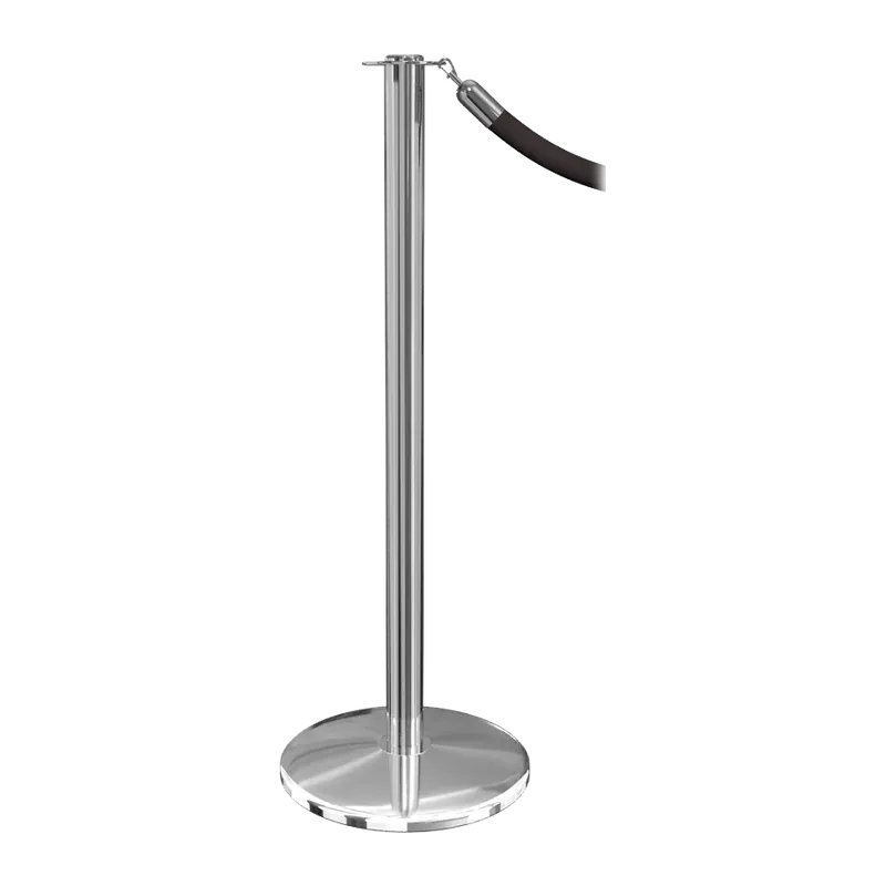 Polished steel rope stanchion with a flat top and a black rope hooked to the post.