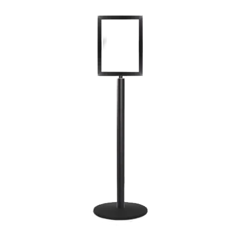 Black floor sign stand — a small frame on a slim post and a round weighted base.