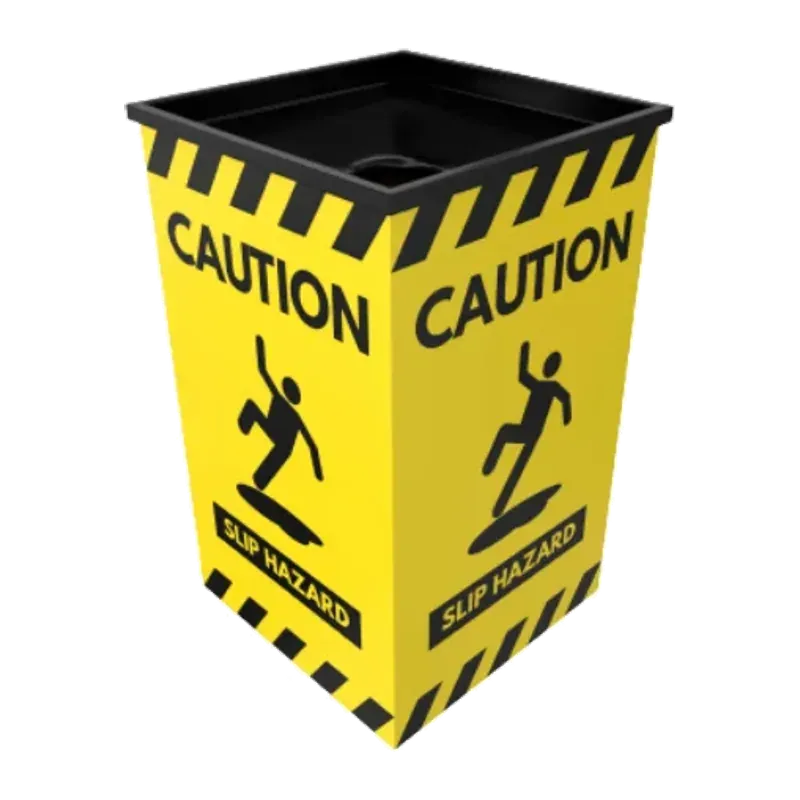 Yellow leak collector bucket printed CAUTION and SLIP HAZARD in black on hazard striping.