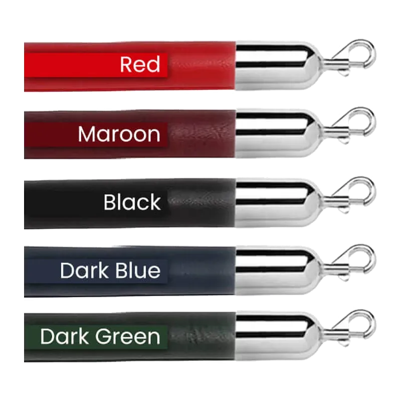 Five leather-look barrier ropes labelled red, maroon, black, dark blue and dark green, with chrome ends.