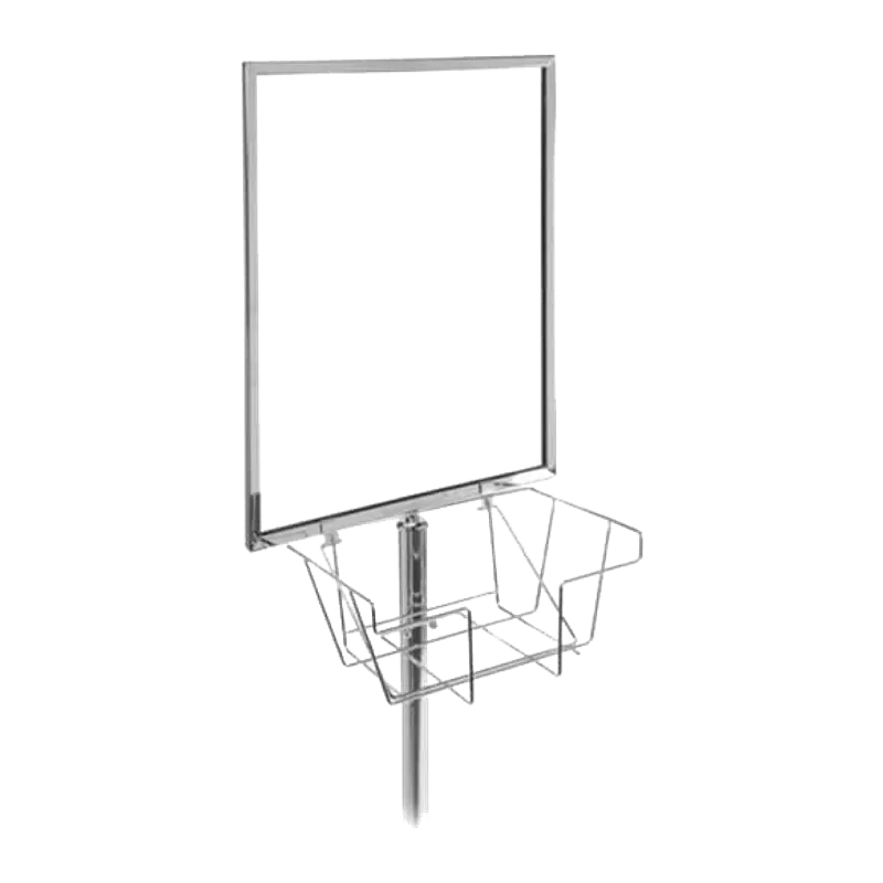 Wire basket slung below a sign frame on a post, for brochures or handouts.