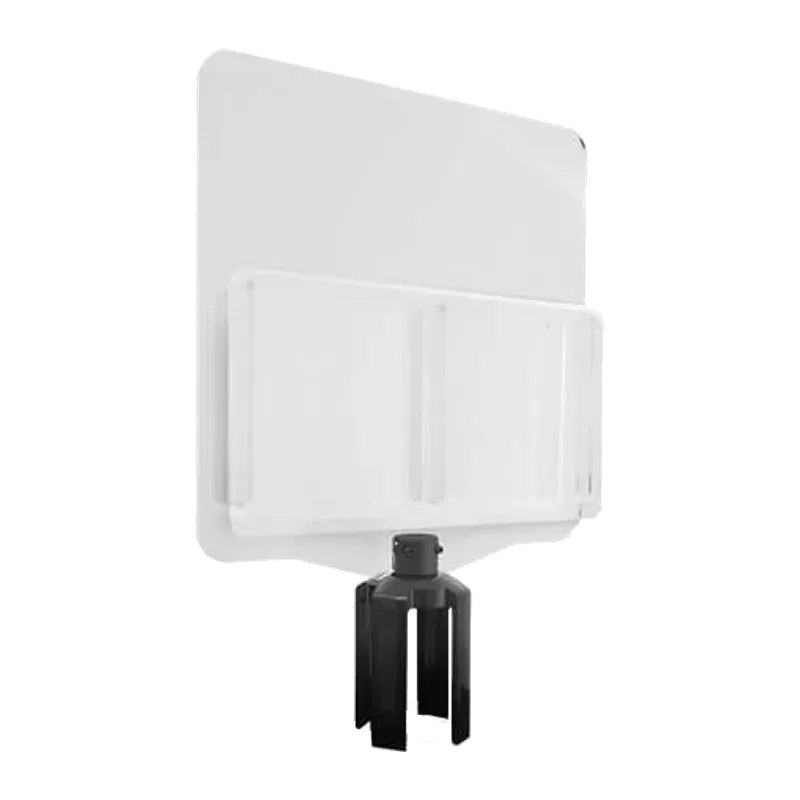 White pocket panel on a post bracket, holding printed leaflets upright.