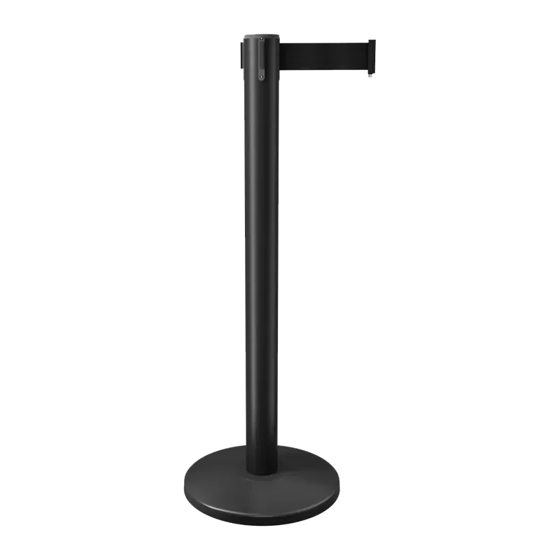 Black belt stanchion with an extended retractable belt reaching well out from the post.