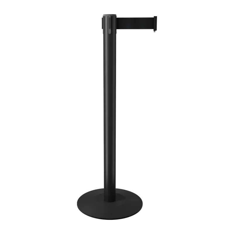 Short black belt stanchion with the black belt drawn out to one side, on a flat base that sits close to the floor.