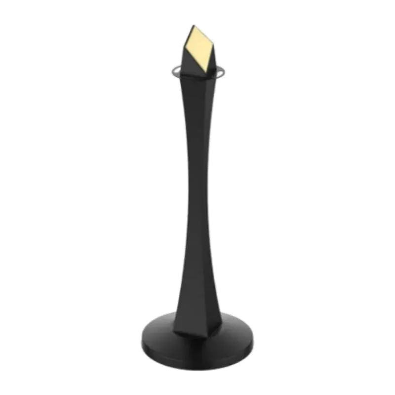Sculpted black stanchion with a curved waisted post and a brass sign holder angled at the top.