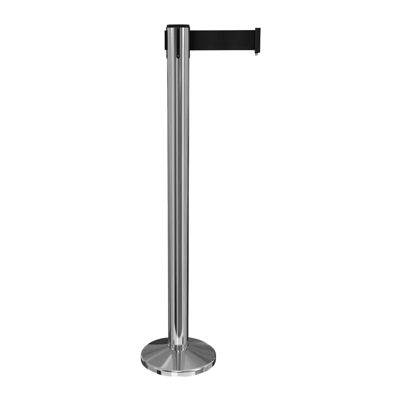 Polished steel belt stanchion with a black belt, standing on a flat magnetic base.