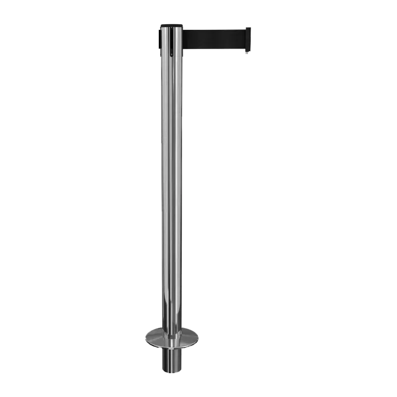 Polished steel belt stanchion set on a thin magnetic floor plate barely thicker than the floor it stands on.