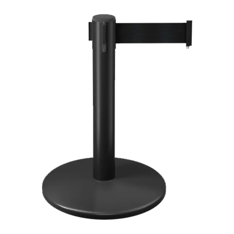 Short black belt stanchion, waist height on a wide base, with a black retractable belt.