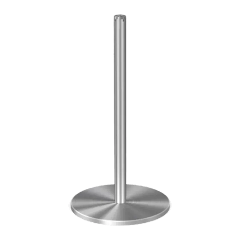 Slim brushed steel museum post on a plain round base, with no belt drawn out.