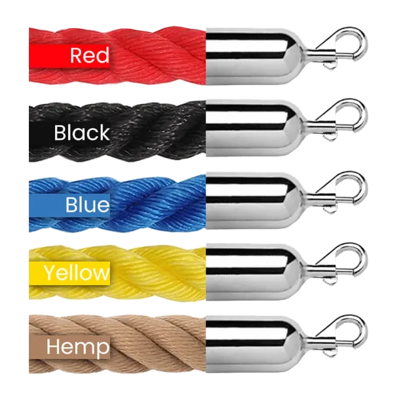 Five twisted polypropylene ropes labelled red, black, blue, yellow and hemp, with chrome ends.