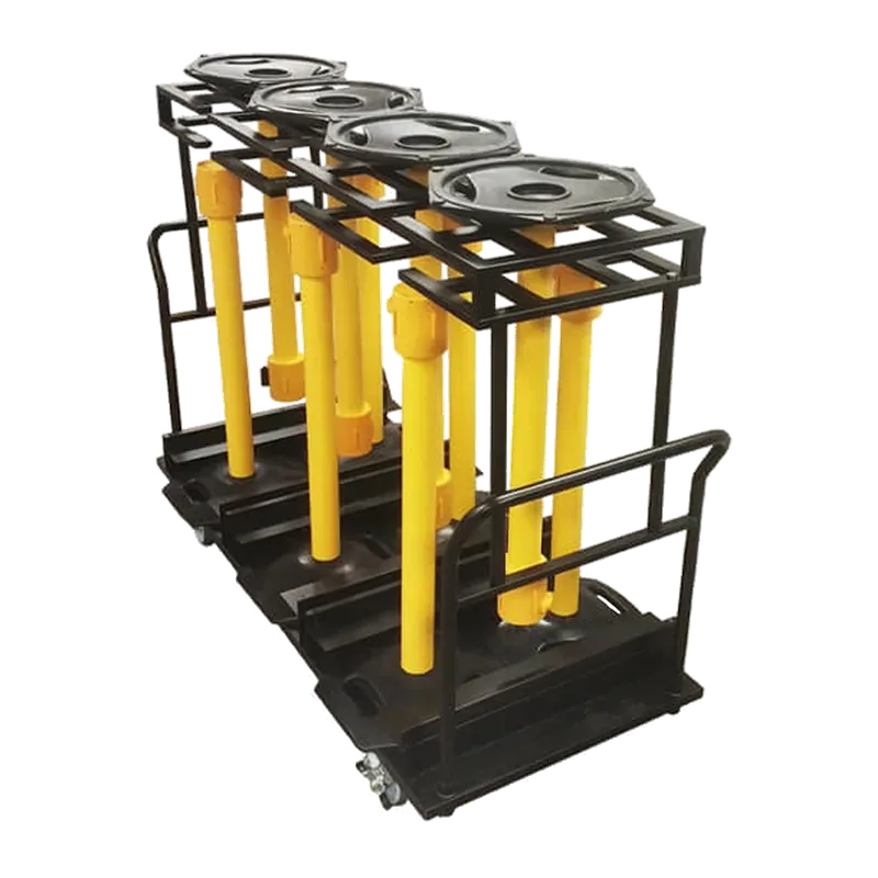 Steel cart loaded with yellow outdoor posts standing upright in its frame, on heavy castors.