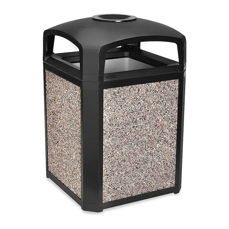 Square outdoor waste receptacle with stone aggregate panels and a black domed lid.