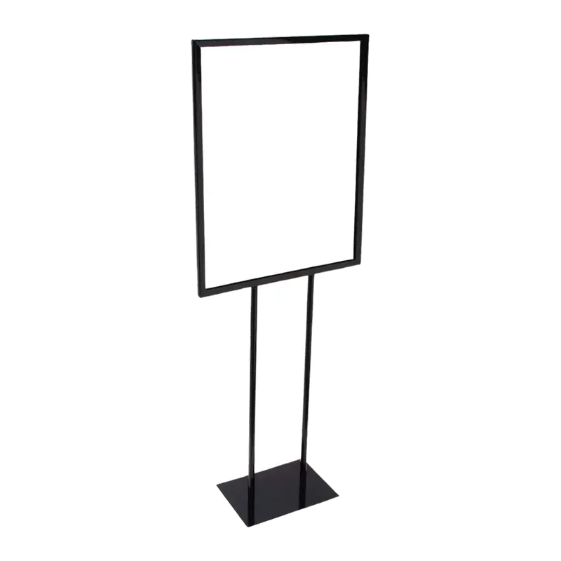 Black free standing sign stand, an empty portrait frame carried on a single upright above a flat rectangular base.