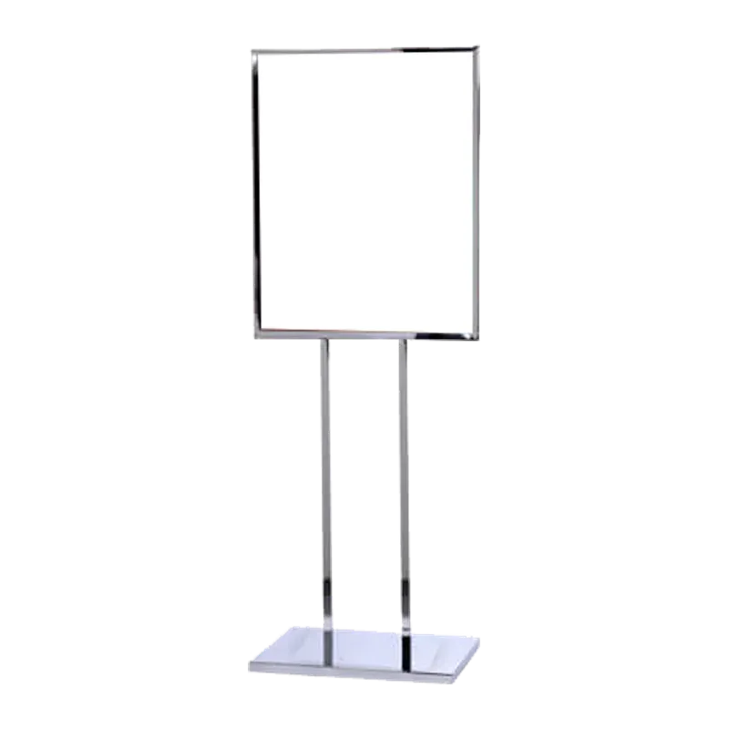 Chrome poster stand on a rectangular base, an empty portrait frame held between two uprights.