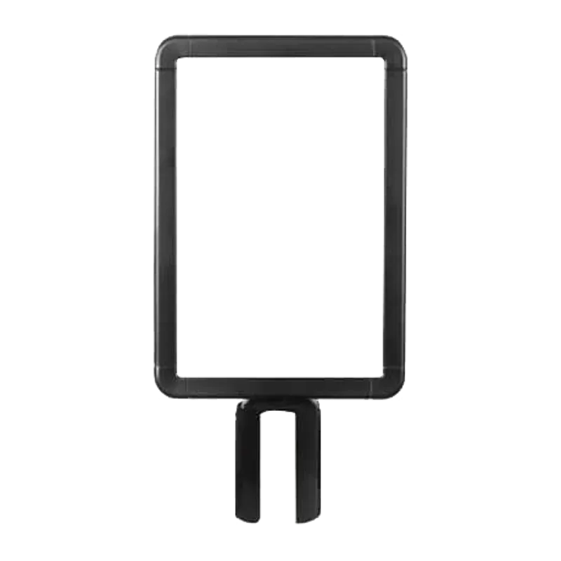 Black portrait sign frame with rounded corners, on a post bracket.