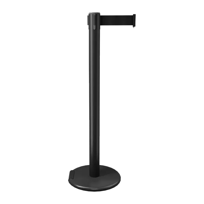 Belt stanchion on a rolling base, with the castors tucked under the rim so the post can be pushed rather than carried.