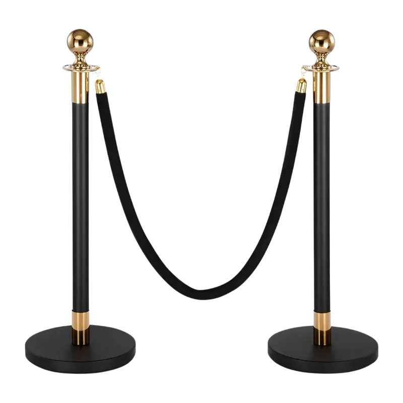 Two black rope posts with gold ball tops and a gold collar at the base of each, a black velvet rope hung between them.