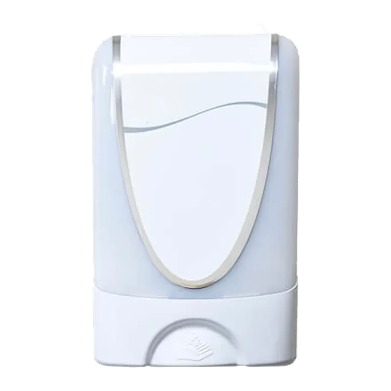 Plain white wall mounted hand sanitizer dispenser with a push plate at the front and no branding on it.