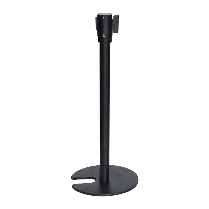 Black belt stanchion whose base is cut away on one side so a second post can nest into it for storage.
