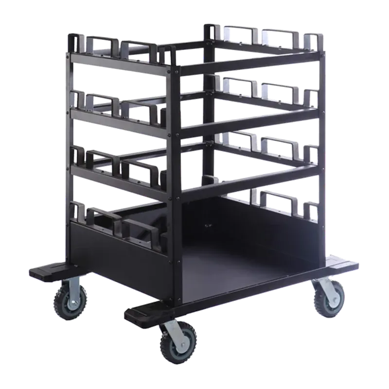 Black steel stanchion cart on castors, four tiers of cradles for laying posts on their side.
