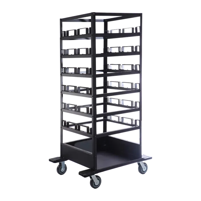 Taller black stanchion cart on castors, six tiers of post cradles.