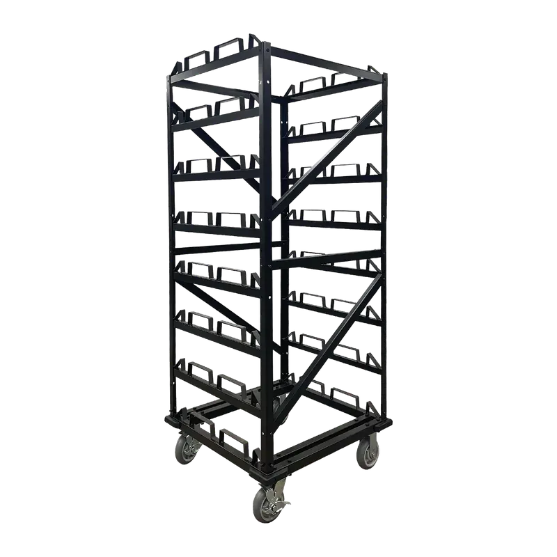 Tall black stanchion cart on castors, a full-height rack of post cradles.