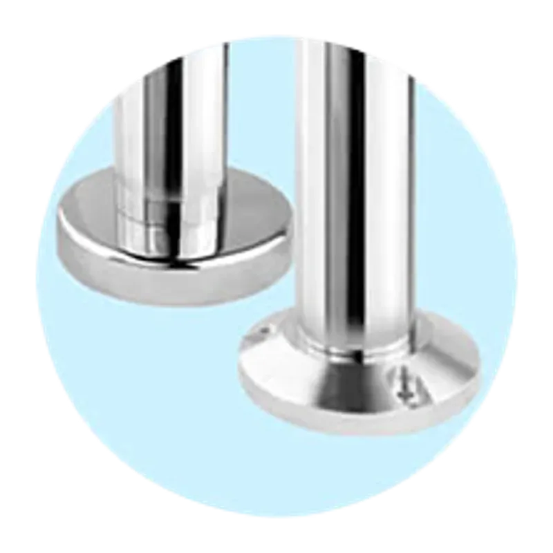 Two chrome posts fixed to floor flanges, showing how a permanent post is bolted down.