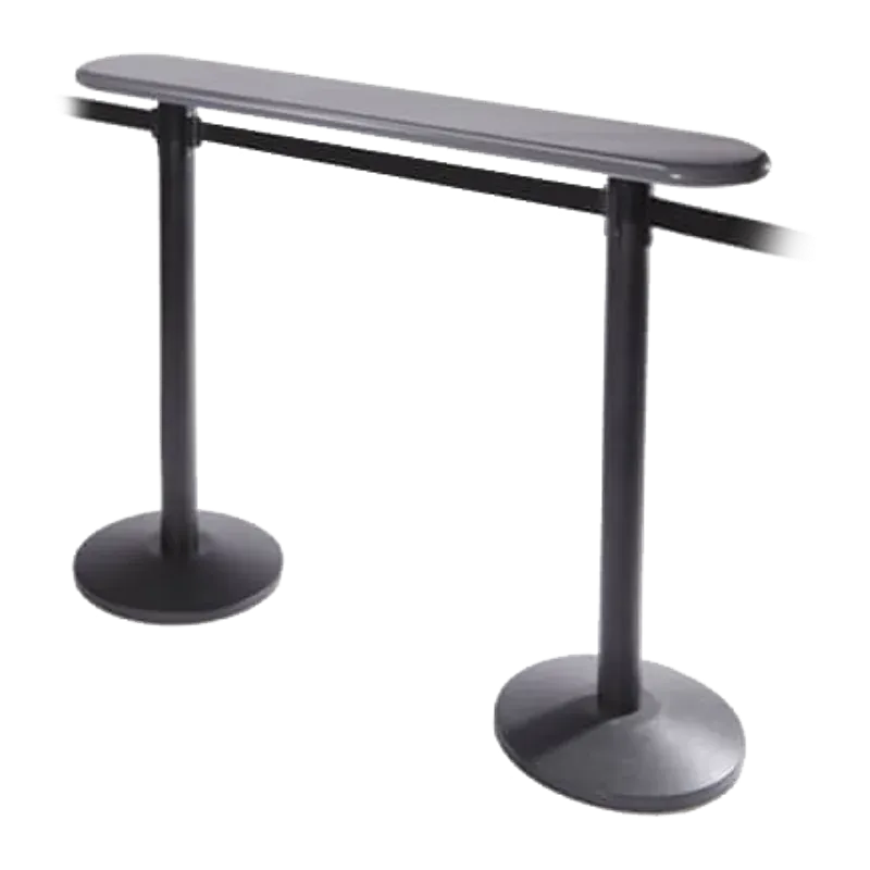 Two posts carrying a long flat writing shelf between them, at standing height.