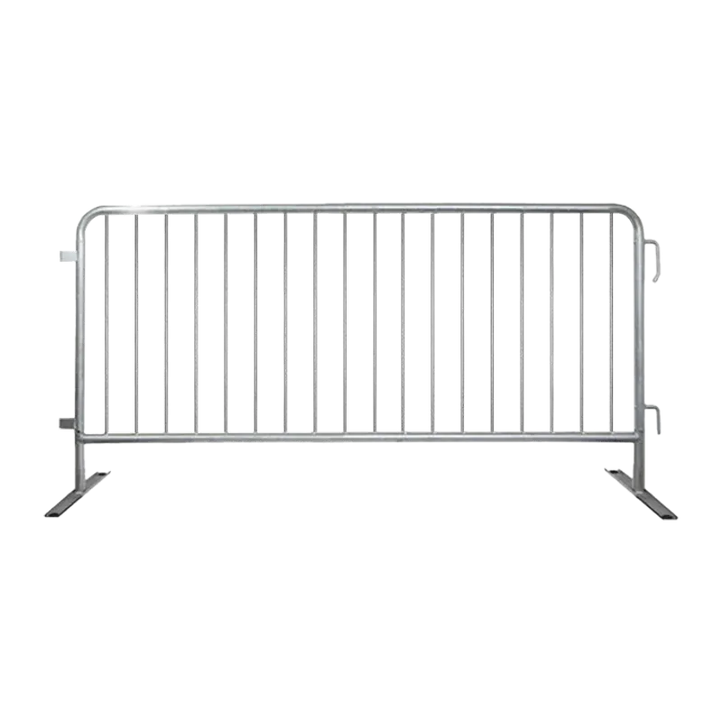 Galvanized steel barricade with interlocking hooked ends and bridge feet.