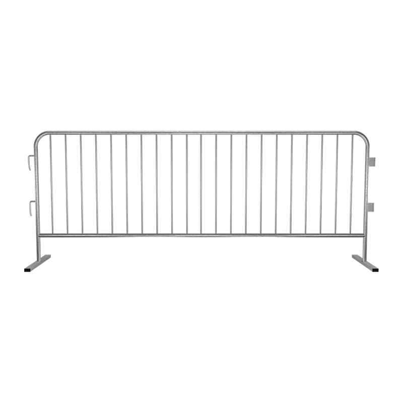 Galvanized steel bike rack barricade — vertical bars in a welded frame, standing on flat feet.