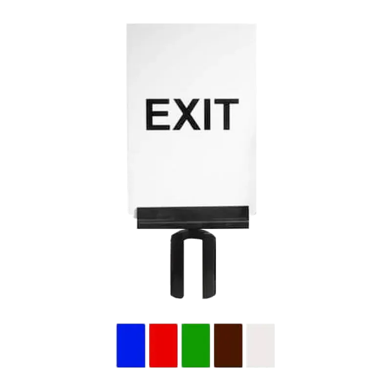 Sign reading EXIT held on a T-bracket, with the frame colours shown below it.