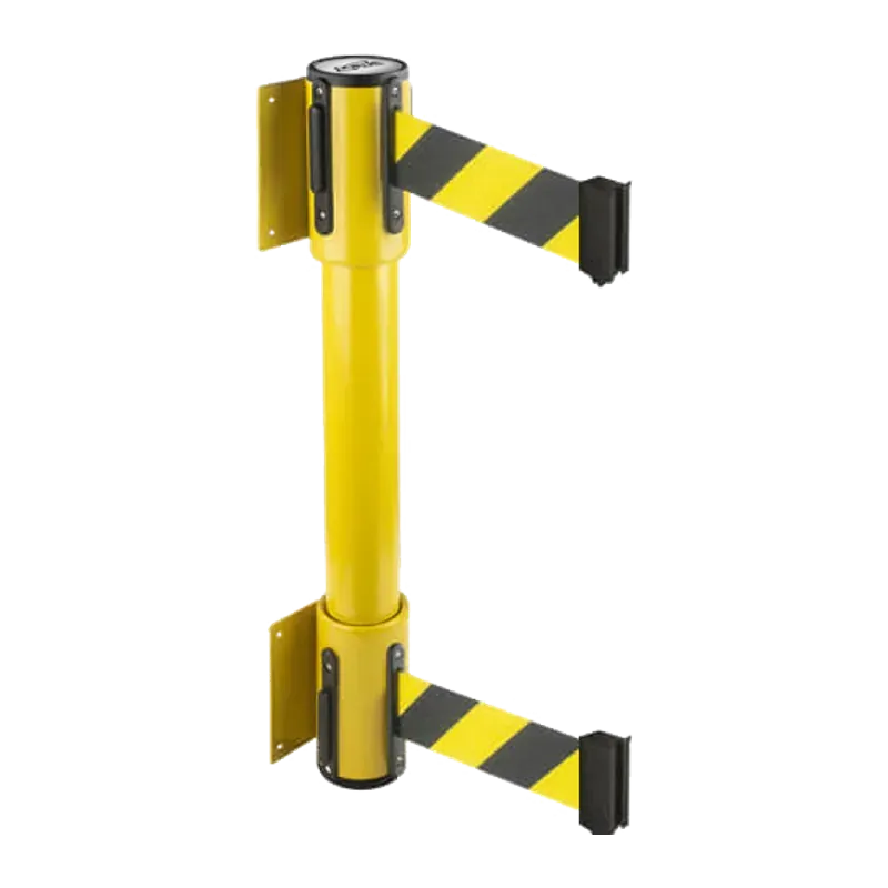Yellow post carrying two black and yellow hazard belts, one above the other.